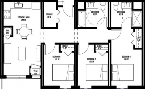 Floor plan for 3 beds, 2 baths, 967 sqft
